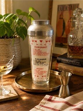 Vintage 1960’s 10 in Cocktail Recipe glass Shaker w/aluminum lid